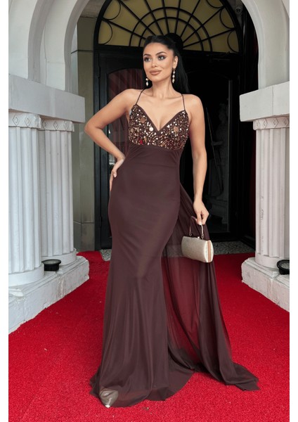 Tül Kumaş Taş Detaylı Sırtı Ipli Abiye Elbise - Kahverengi fiyatları