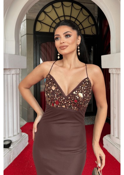 Tül Kumaş Taş Detaylı Sırtı Ipli Abiye Elbise - Kahverengi modelleri