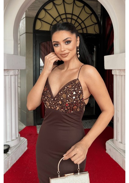 Tül Kumaş Taş Detaylı Sırtı Ipli Abiye Elbise - Kahverengi fırsatları