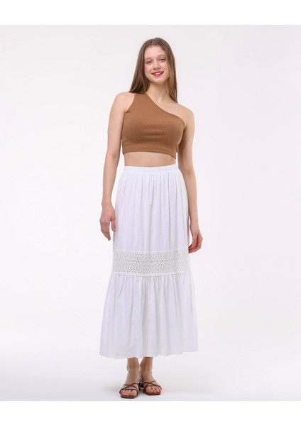 Güpür Detaylı Astarlı Keten Kumaş Uzun Etek