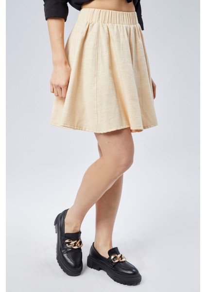 Flamlı Keten Parçalı Kısa Kloş Etek fırsatları