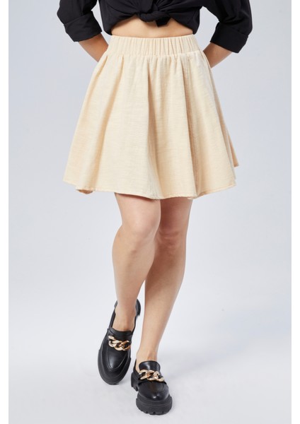 Flamlı Keten Parçalı Kısa Kloş Etek