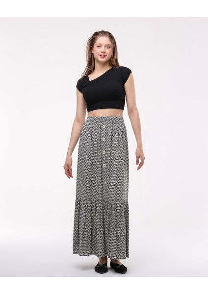 Önden Düğmeli Tek Fırfırlı Uzun Çingene Etek