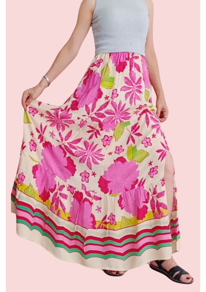 Viskon Kumaş Yırtmaçlı Çiçek Desenli Uzun Etek
