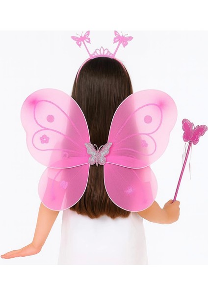 Pembe Kelebek Kız Seti - 50 cm Kelebek Kanadı, Taç ve Asa