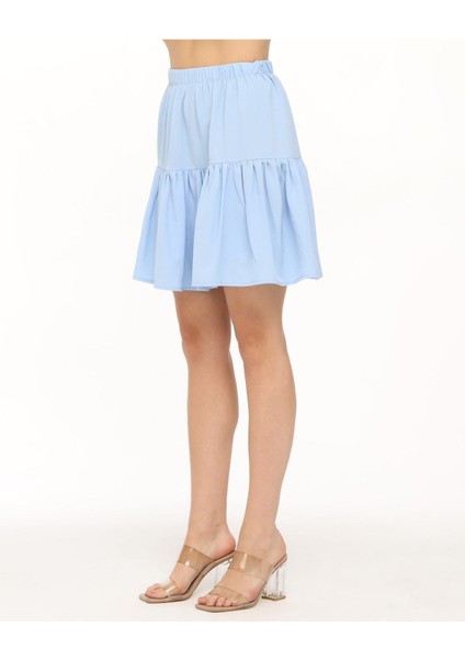Likralı Krep Kumaş Mavi Mini Şort Etek