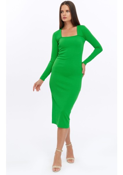 Fitilli Örme Kumaş Uzun Kollu Yırtmaçlı Midi Boy Elbise fiyatları