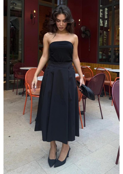 Siyah Pileli Cepli Kadın Midi Boy Etek MG2536 fırsatları