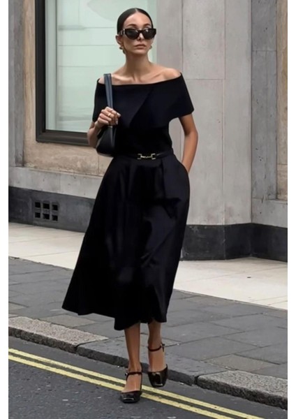 Siyah Pileli Cepli Kadın Midi Boy Etek MG2536 indirimleri