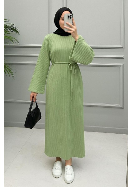 Triko Elbise Bagcıklı Bogazlı Tesettür Elbise 136SANTIM Boydan Uzunlugu