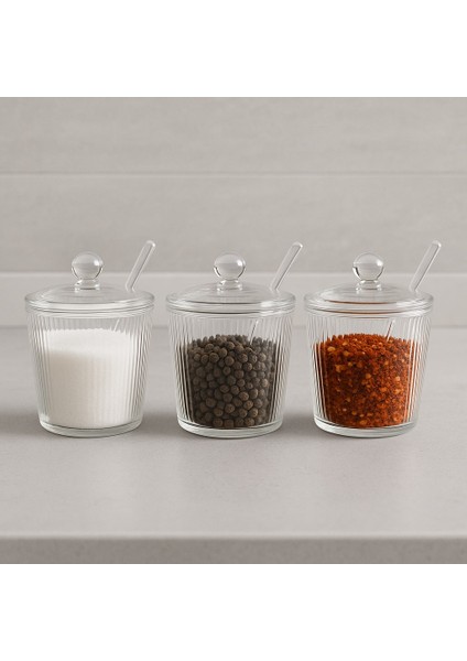 3'lü Borosilikat Cam Optik Çizgili Baharatlık Seti