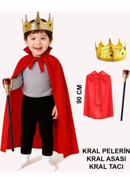 Çocuk Kral Kostüm Seti - Kırmızı Pelerin, Taç ve Asa (90 Cm)