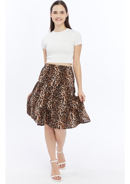 Viskon Kumaş Midi Boy Kadın Leopar Şort Etek