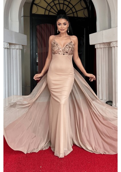 Tül Kumaş Taş Detaylı Sırtı Ipli Abiye Elbise - Bej