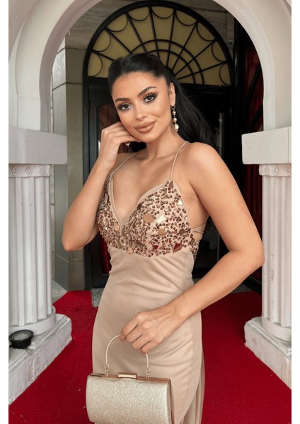 Tül Kumaş Taş Detaylı Sırtı Ipli Abiye Elbise - Bej modelleri