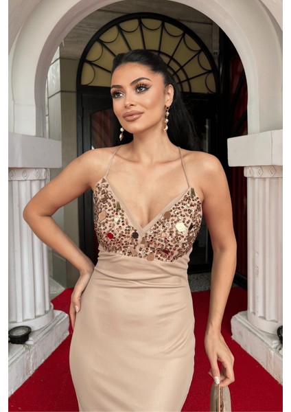 Tül Kumaş Taş Detaylı Sırtı Ipli Abiye Elbise - Bej fırsatları