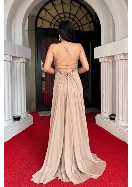 Tül Kumaş Taş Detaylı Sırtı Ipli Abiye Elbise - Bej indirimleri