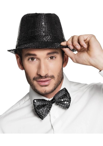 Siyah Payetli Şapka ve Papyon Seti - Parıltılı Yetişkin Kostüm Seti fiyatları