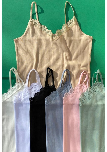 Dantelli 7’li Ip Askılı Pamuk Fitilli Kadın Atlet ( Mavi, Siyah, Beyaz, Ten, Pembe, Yeşil, Gri )