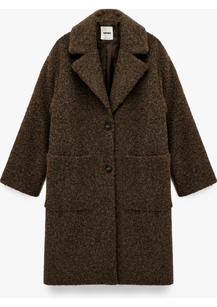 Uzun Kollu Cepli Düğmeli Kruvaze Uzun Buklet Kaban