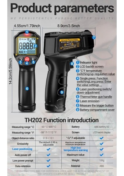 Aneng TH202 Termometre Higrometre Temassız Algılama -50-600°C Sıcaklık Tabancası LCD Arka Aydınlatmalı Ekran Pilsiz