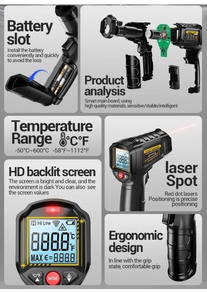 Aneng TH202 Termometre Higrometre Temassız Algılama -50-600°C Sıcaklık Tabancası LCD Arka Aydınlatmalı Ekran Pilsiz