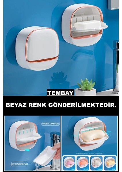 Beyaz Yapışkanlı Modern Sabunluk Kapaklı Kendinden Boşaltmalı Su Tutmaz Katı Sabunluk 1 Adet fiyatları