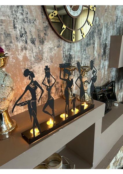 Afrikalı Kadınlar Temalı Dekoratif Metal Şamdan Mumluk