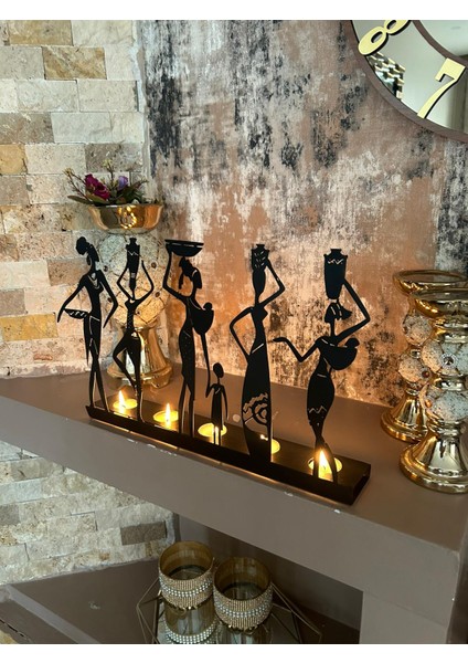 Afrikalı Kadınlar Temalı Dekoratif Metal Şamdan Mumluk