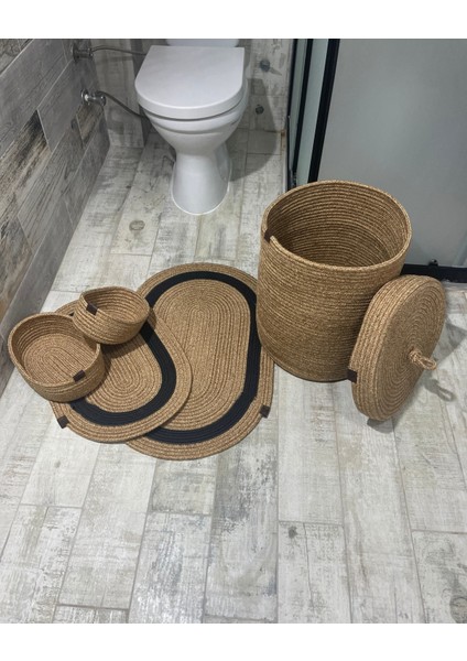Jüt Hasır 5li Banyo Seti, Çamaşır Sepeti, Paspas Takımı, Oval Sepet-Siyah Çizgili