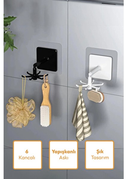 6 Kancalı Yapışkanlı Askı Suya Dayanıklı 5 kg Kapasiteli Modern Tasarım Renkli indirimleri