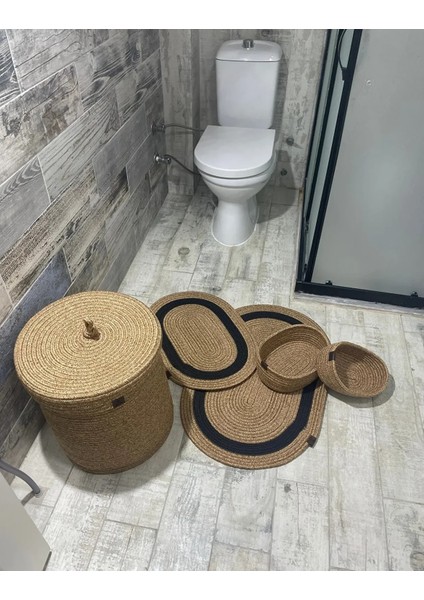 Jüt Hasır 5li Banyo Seti, Çamaşır Sepeti, Paspas Takımı, Oval Sepet-Siyah Çizgili fiyatları