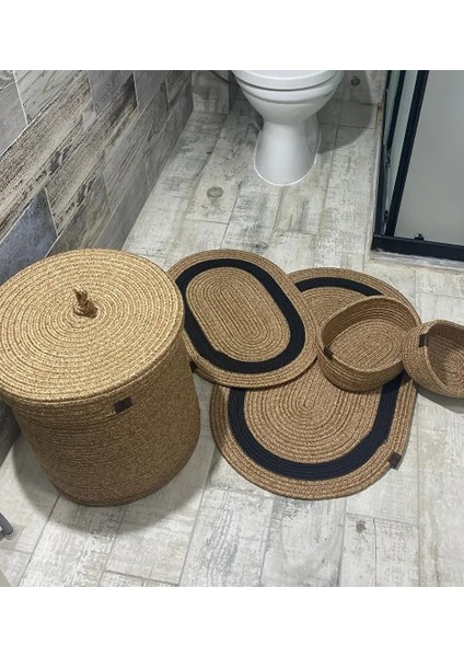 Jüt Hasır 5li Banyo Seti, Çamaşır Sepeti, Paspas Takımı, Oval Sepet-Siyah Çizgili modelleri