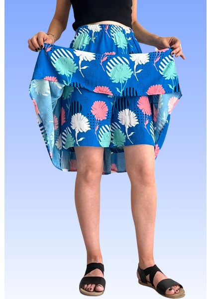 Viskon Kumaş Midi Boy Çiçek Desenli Kadın Şort Etek