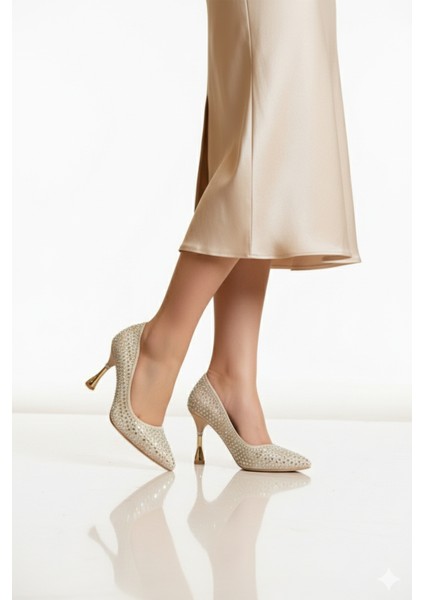 Altın Taş Işlemeli Ince Topuklu Kadın Abiye Ayakkabı PC-55020 Z