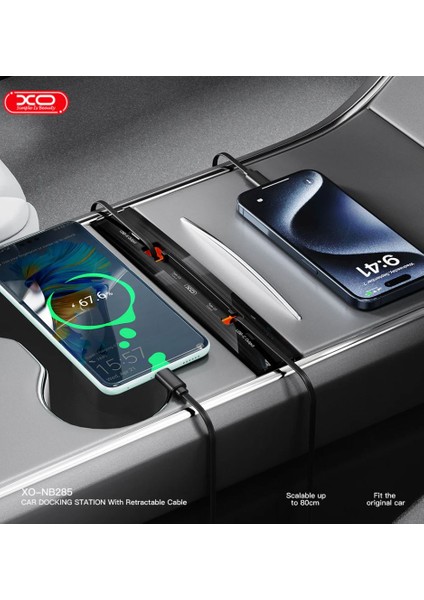 NB285 62W Tesla Model 3 / Y Uyumlu Konsol Lightning ve Type-C Kablolu Usb-C ve Usb-A Çıkışlı Şarj Aleti Çoklayıcı