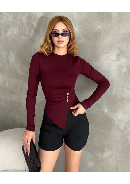 Kadın Asimetrik Kesim Büzgülü Kemik Düğmeli Örme Bluz modelleri