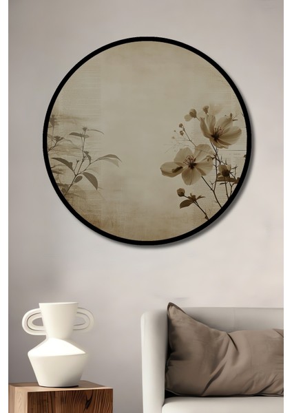 Çerçeve Görünümlü Vintage Çiçekler Gazete Arka Planlı Dekoratif Ahşap Ev/işyeri/ofis Yuvarlak Tablo