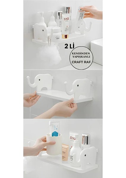 2 Adet Kendinden Yapışkanlı Craft Banyo Rafı Tarz Baharatlık Rafı Organizer Düzenleyici Beyaz Fil fırsatları