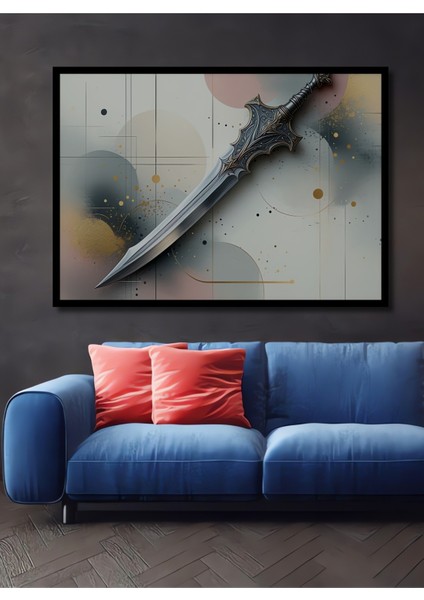 Çerçeve Görünümlü Epik Kılıç Modern Sanat Yağlı Boya Görünümlü Ofis Dekoratif Ahşap Kare Tablo