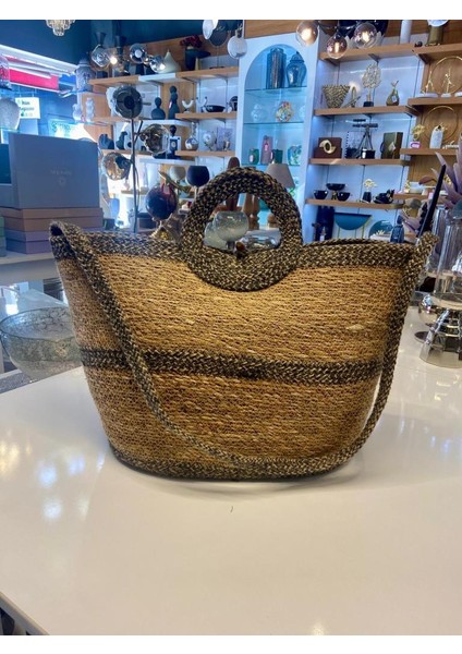 Siyah Bej Hasır Çanta 48X20X32CM