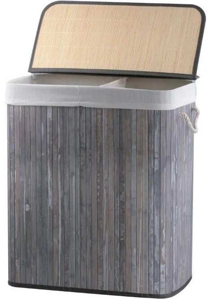 Bambu Gri 2 Bölmeli Katlanır Çamaşır Sepeti 62CM