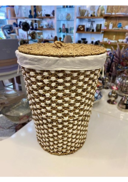 Beyaz Bej Örme Hasır Yuvarlak Çamaşır Sepeti 46X46X61CM