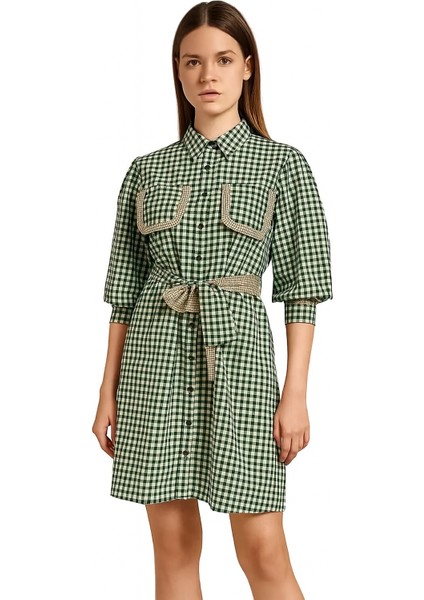 Kadın Kareli Cep Detaylı Kuşaklı Elbise