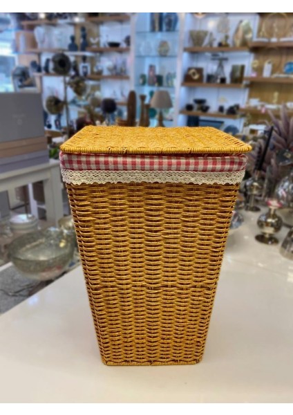 Bej Sentetik Hasır Kare Çamaşır Sepeti 33X33X52CM