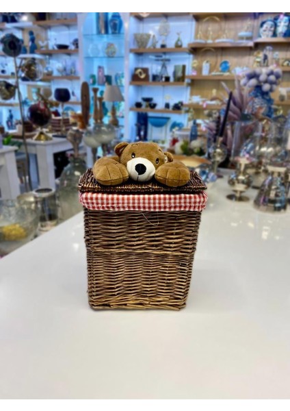 Kahverengi Peluş Detay Hasır Düzenleyici Sepet 23X13X25CM