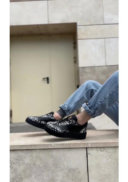 BA0802 Boa Gotik Desenli Siyah Beyaz Yüksek Taban Erkek Günlük Ayakkabı