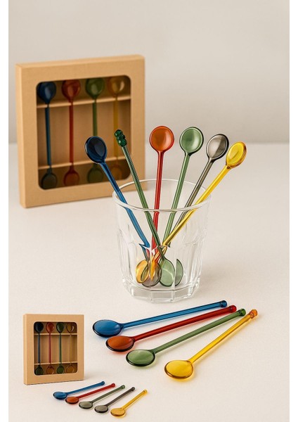 6'lı Renkli Yuvarlak Cam Kahve Kaşığı Baharat Latte Sunum Kaşık modelleri