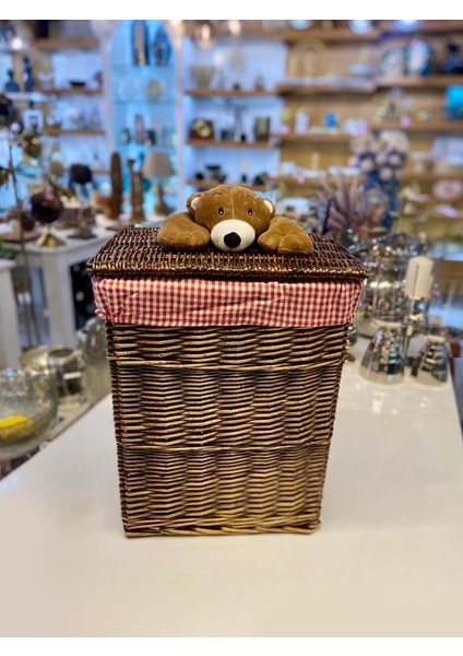 Kahverengi Peluş Detay Hasır Çamaşır/oyuncak Sepeti 39X29X43CM