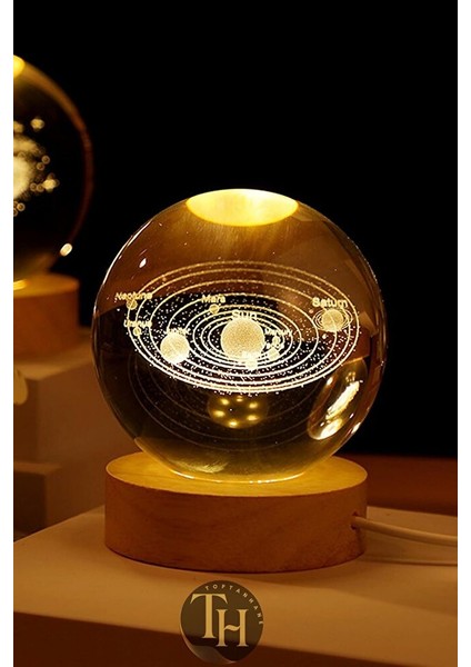Dekoratif Işıklı Ahşap Standlı Gezegenler Cam Küre, USB Kablolu Hediyelik